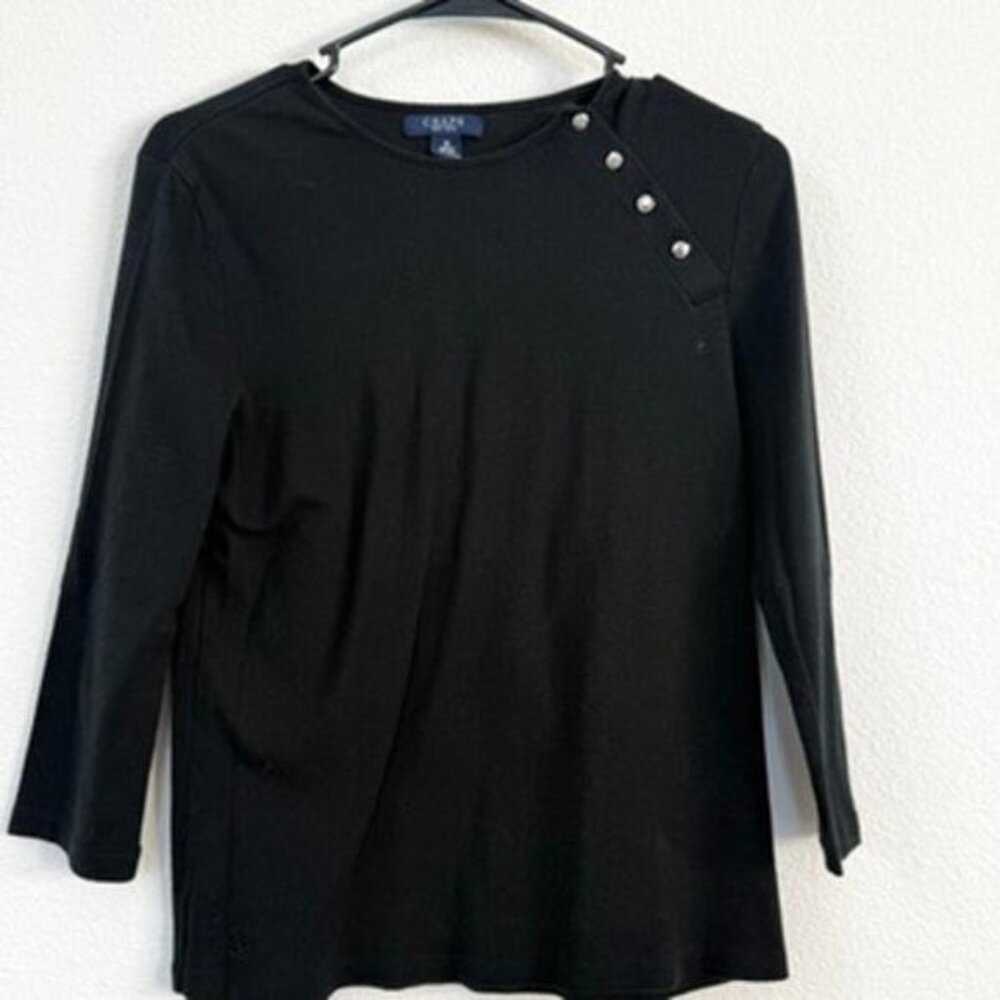 CHAPS Button Shoulder Top Black Cotton 3/4 Sleeve Women Medium Preppy Classic
